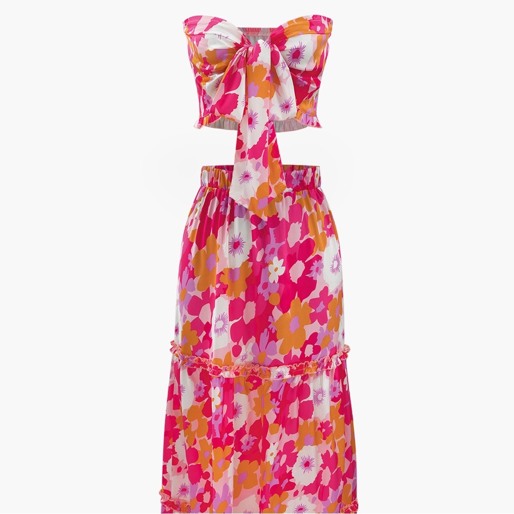 MICAS Floral Print Knot Tube Top And Frill Maxi Skirt Set